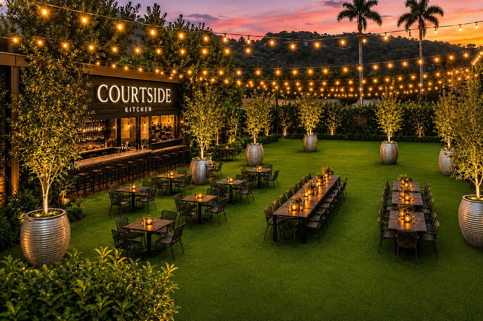 Courtside Kitchen outdoor dining at sunset — string lights, olive trees, candlelit tables
